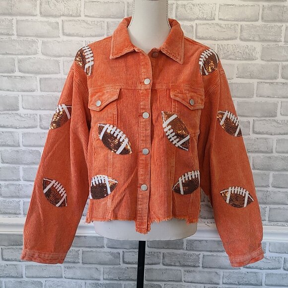 Orange Cropped Corduroy Jacket Football Sequin Raw Hem School Collegiate NEW Lg - Picture 1 of 10